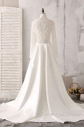 Ivory Lace And Satin V-Neck Long Sleeve Beaded Wedding Dress